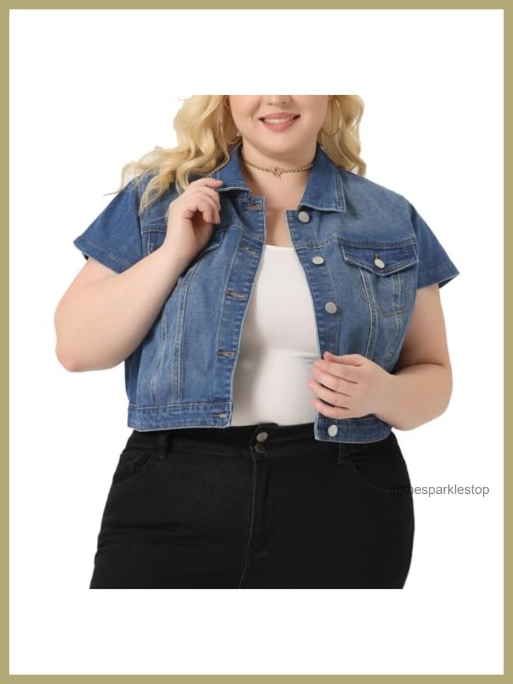 Plus Size Cropped Denim Jacket Short Sleeve Button Women Washed Jean Jacket